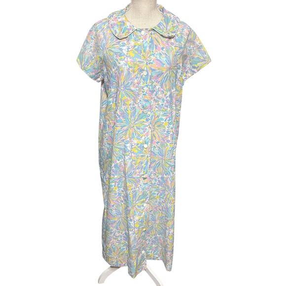Vintage Basila Robe house dress coat pastel floral button front frolic lounge M - Picture 1 of 9